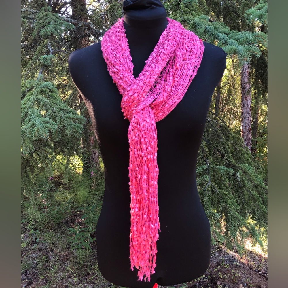 NWOT Bright Hot Pink Lightweight Netting Scarf Shawl Wrap With Long Fringe